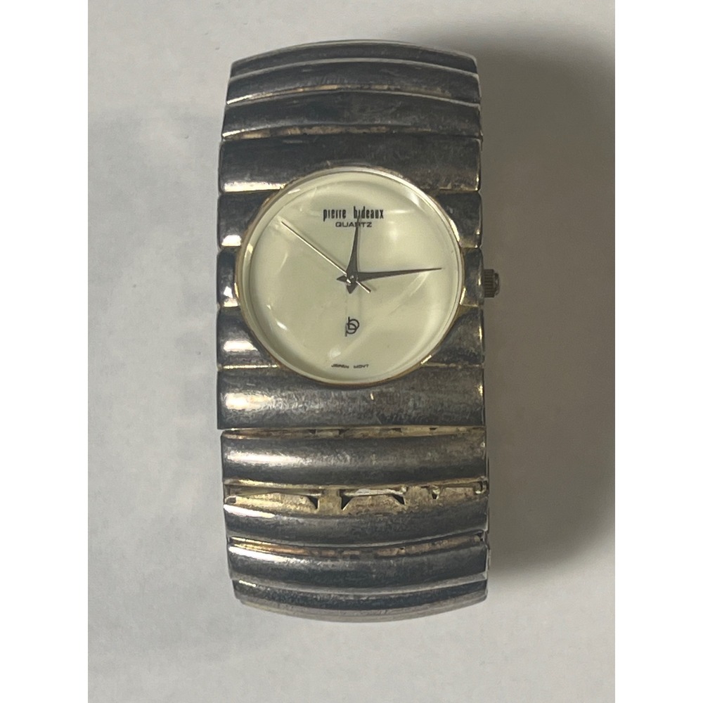 Pierre Bideaux Quartz Watch Silver Tone Ribbed Expansion Band Distressed Cuff
